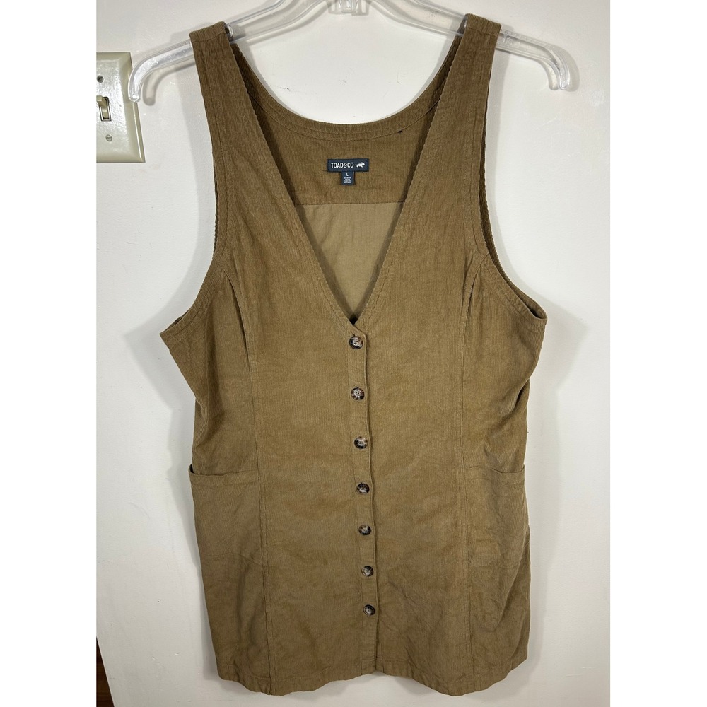 Toad&Co Corduroy Jumper Dress Womens L Brown Button Front Fall Organic Cotton